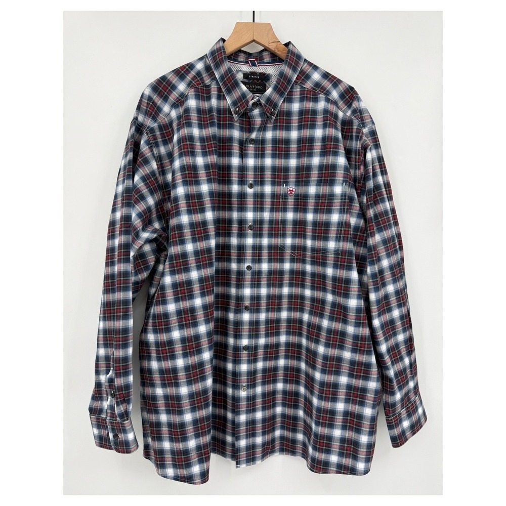 Ariat Shirt Mens 3XL Blue Red Plaid Pro Series Stretch Long Sleeve Button Down